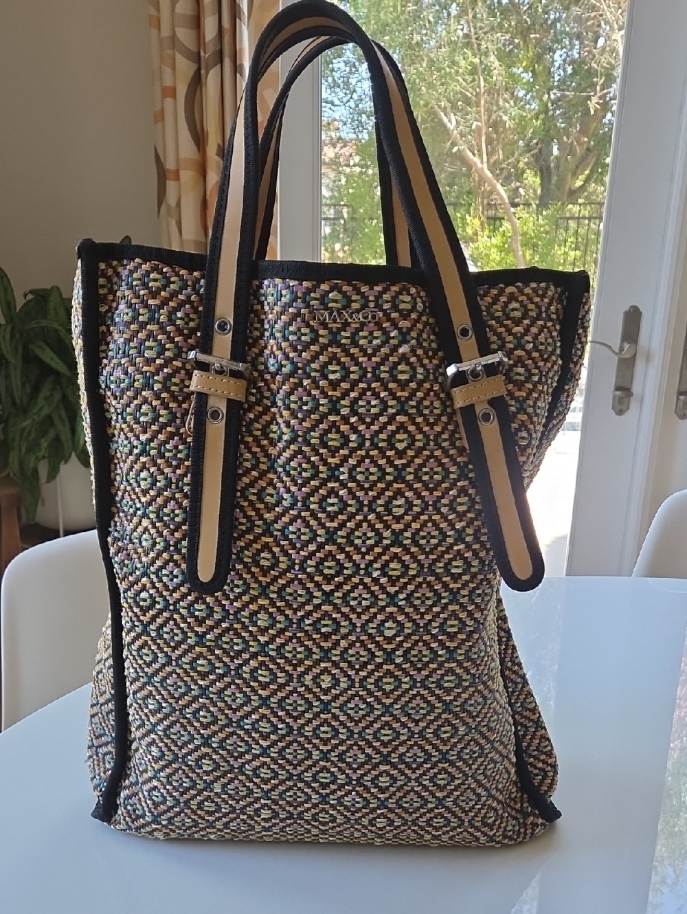 Max & Co. Multicolor Woven Tote Black Trim Tan Adjustable Handles & Pouch.